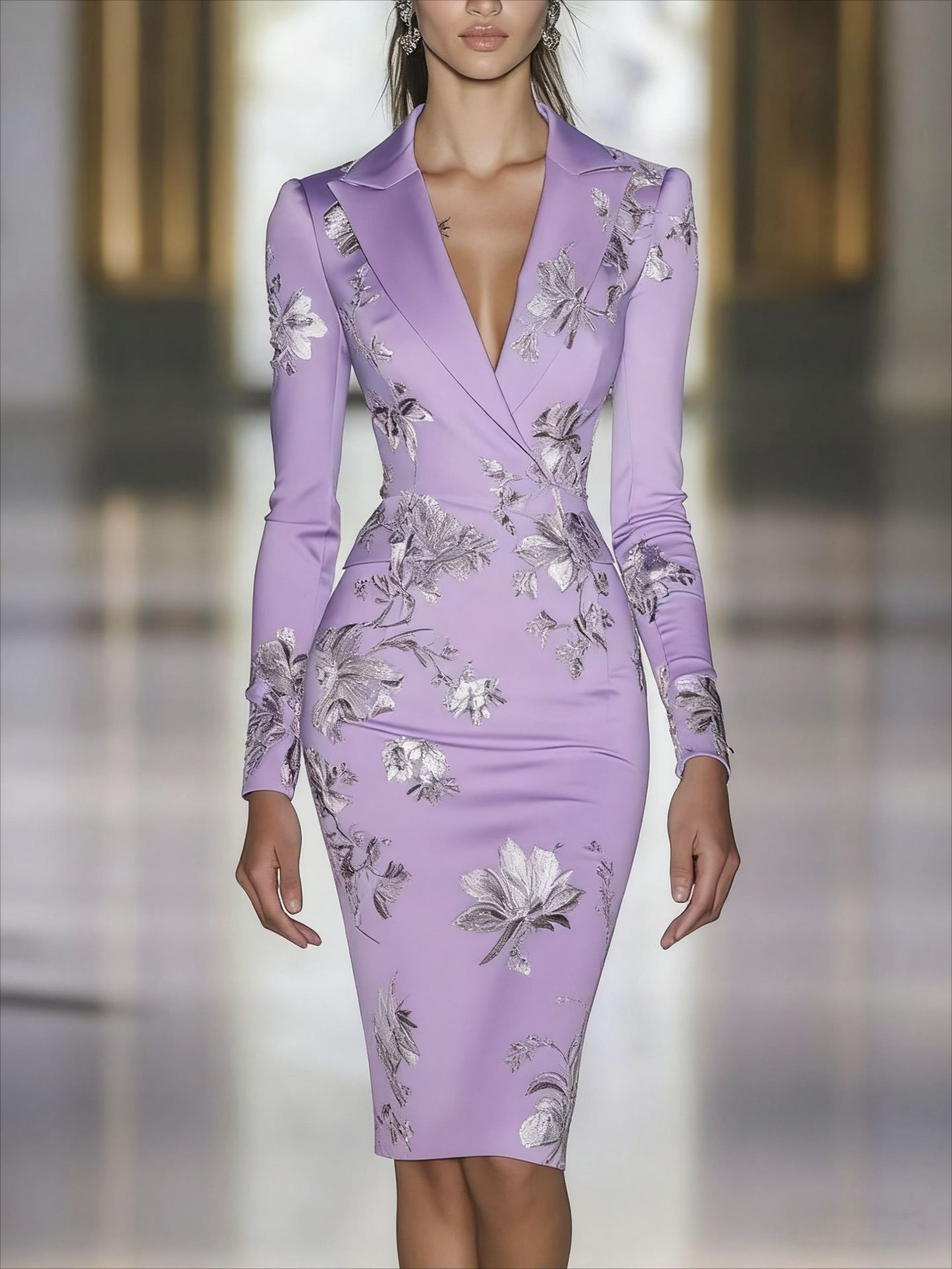 Elegant Blue Floral Print Midi Blazer Dress