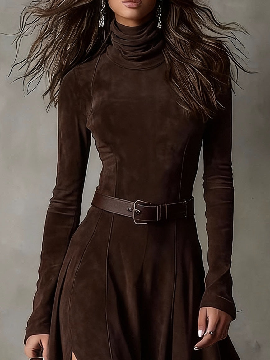 Dark Brown Faux Suede Maxi Dress with High Neck, Long Sleeves and Slit (Belt Included)