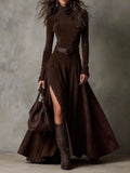Dark Brown Faux Suede Maxi Dress with High Neck, Long Sleeves and Slit (Belt Included)
