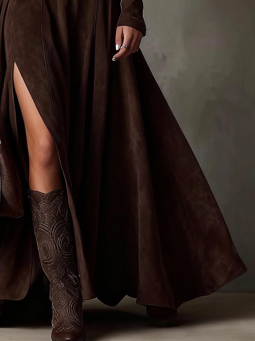 Dark Brown Faux Suede Maxi Dress with High Neck, Long Sleeves and Slit (Belt Included)