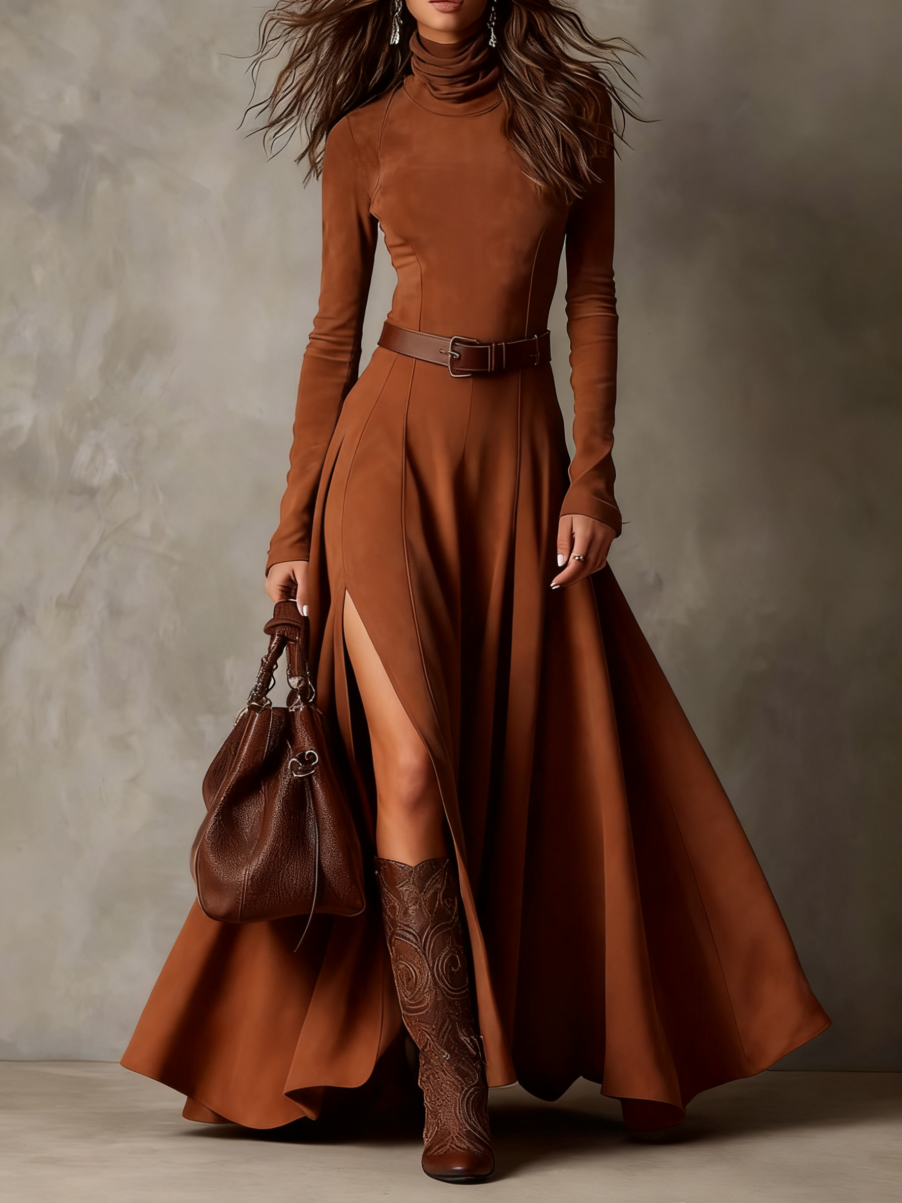 Dark Brown Faux Suede Maxi Dress with High Neck, Long Sleeves and Slit (Belt Included)