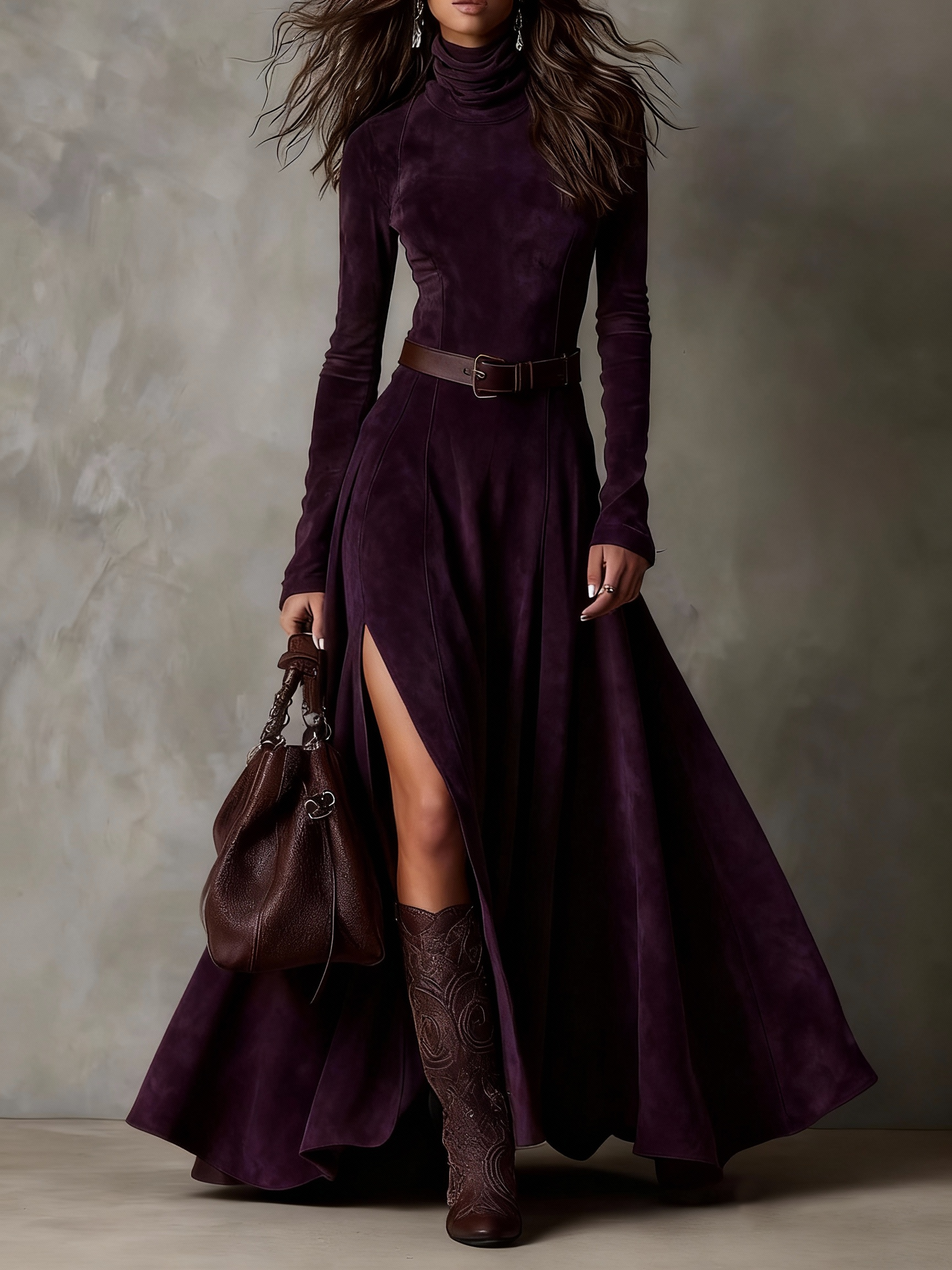 Dark Brown Faux Suede Maxi Dress with High Neck, Long Sleeves and Slit (Belt Included)