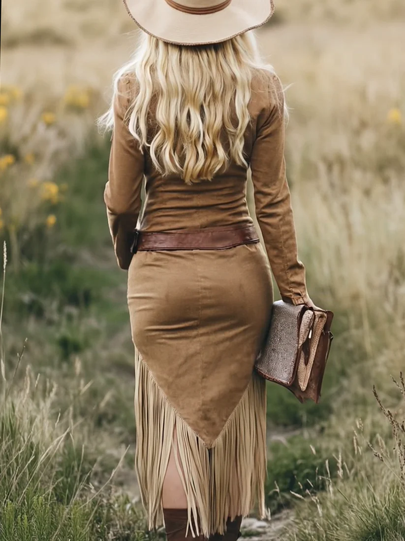Women's Vintage Western Style Midi Dress with Lapel, Zipper, and Fringe (Belt not included)