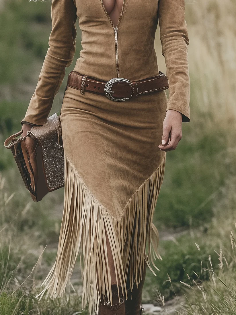 Women's Vintage Western Style Midi Dress with Lapel, Zipper, and Fringe (Belt not included)