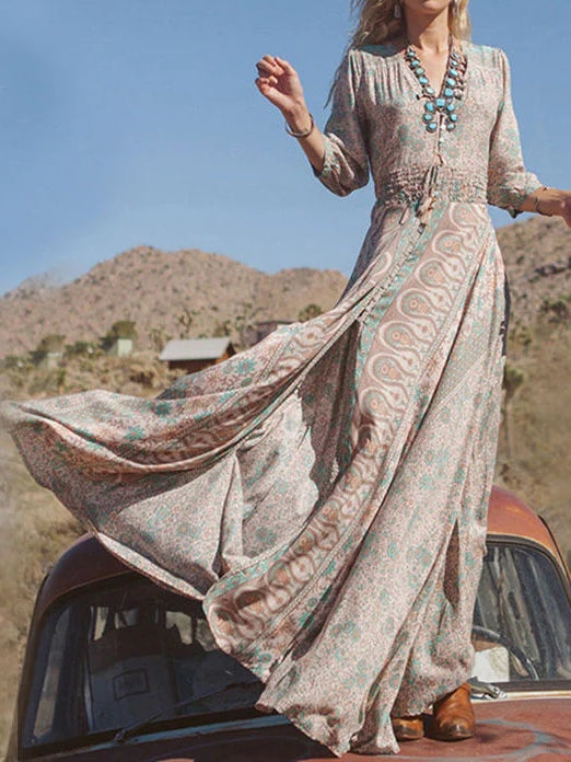 Maxi Dress with Slit in Western Boho Style