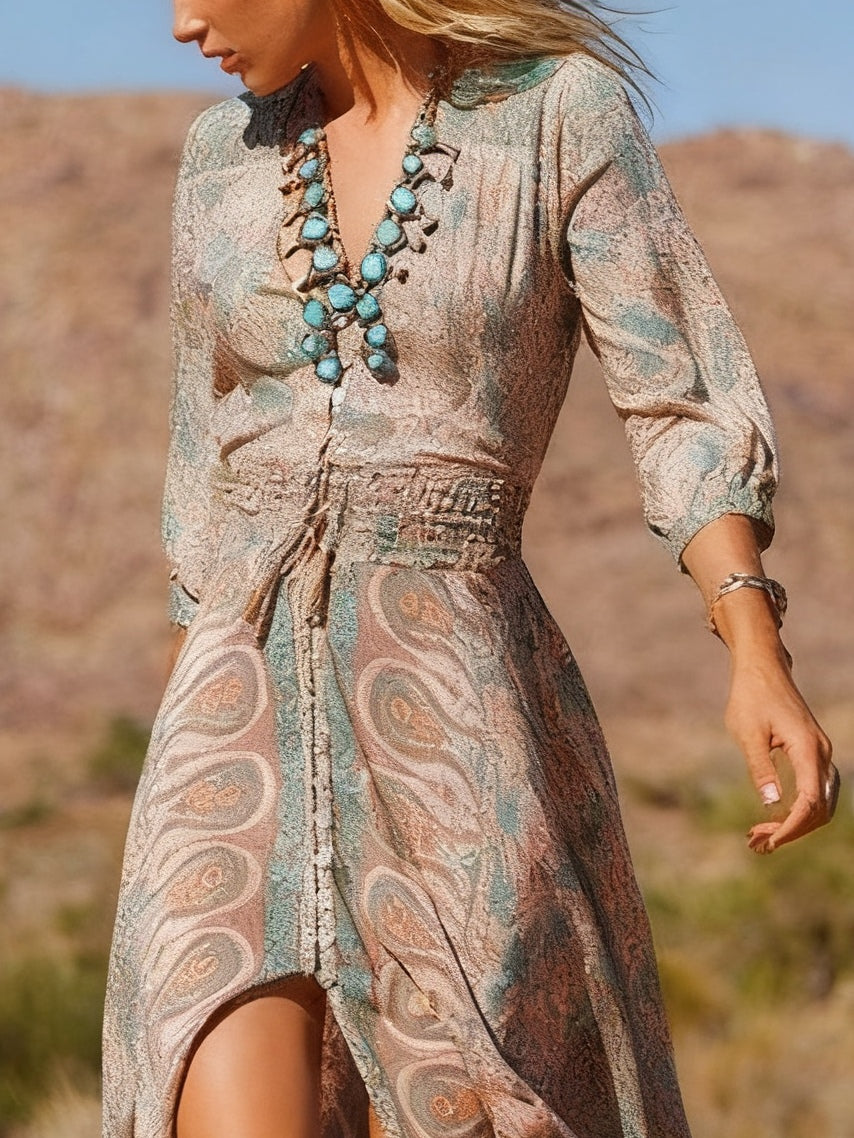 Maxi Dress with Slit in Western Boho Style