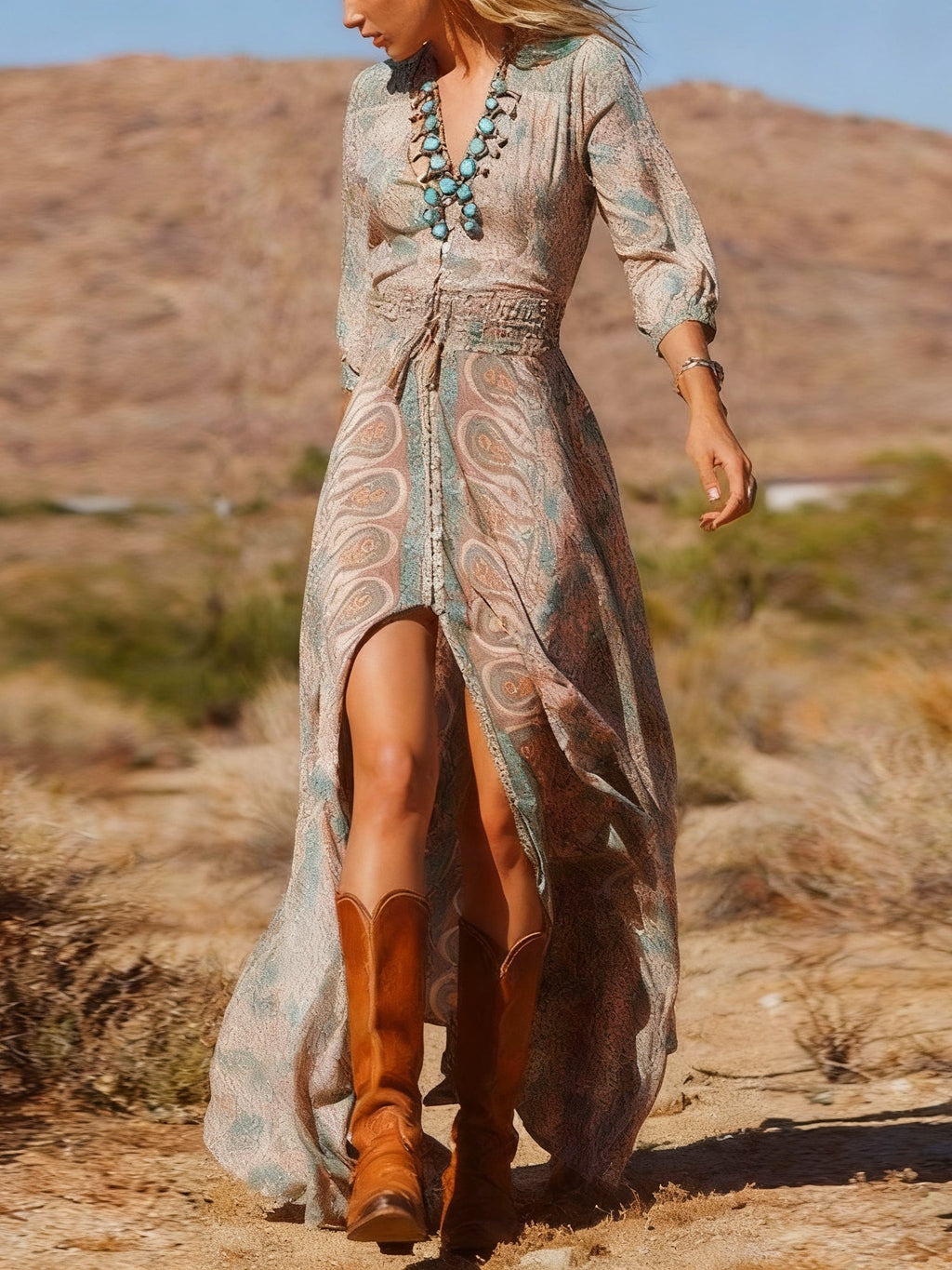 Maxi Dress with Slit in Western Boho Style
