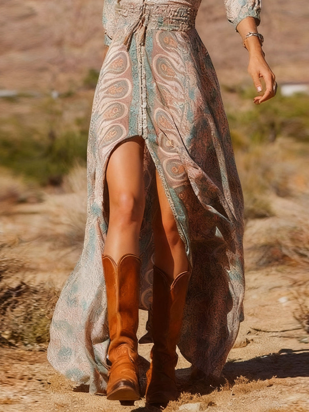 Maxi Dress with Slit in Western Boho Style