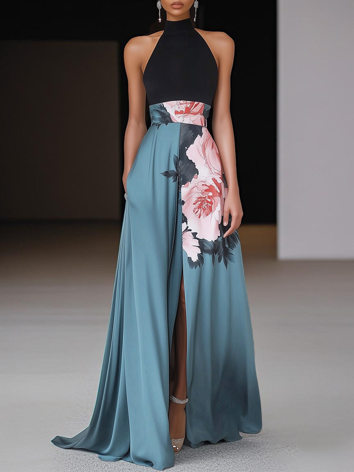 Black Floral Round Neck Sleeveless A-Line Maxi Dress with Slit
