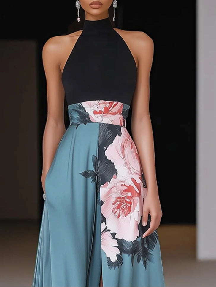 Black Floral Round Neck Sleeveless A-Line Maxi Dress with Slit