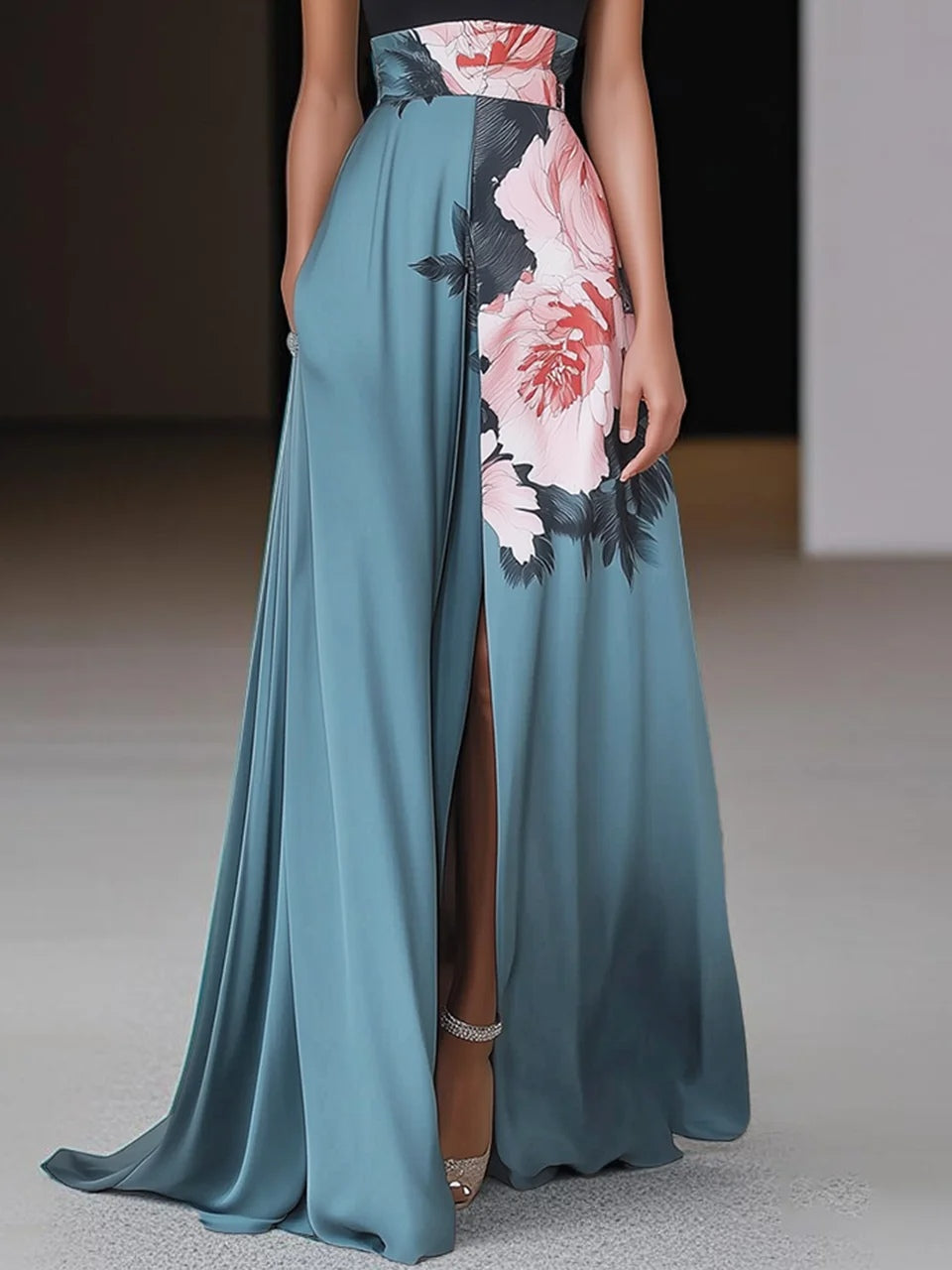 Black Floral Round Neck Sleeveless A-Line Maxi Dress with Slit