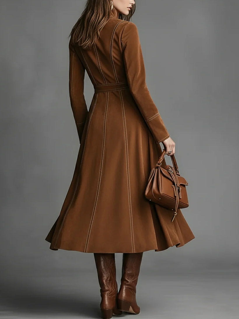 Brown Elegant Faux Suede Maxi Dress with Front Zip and Belt