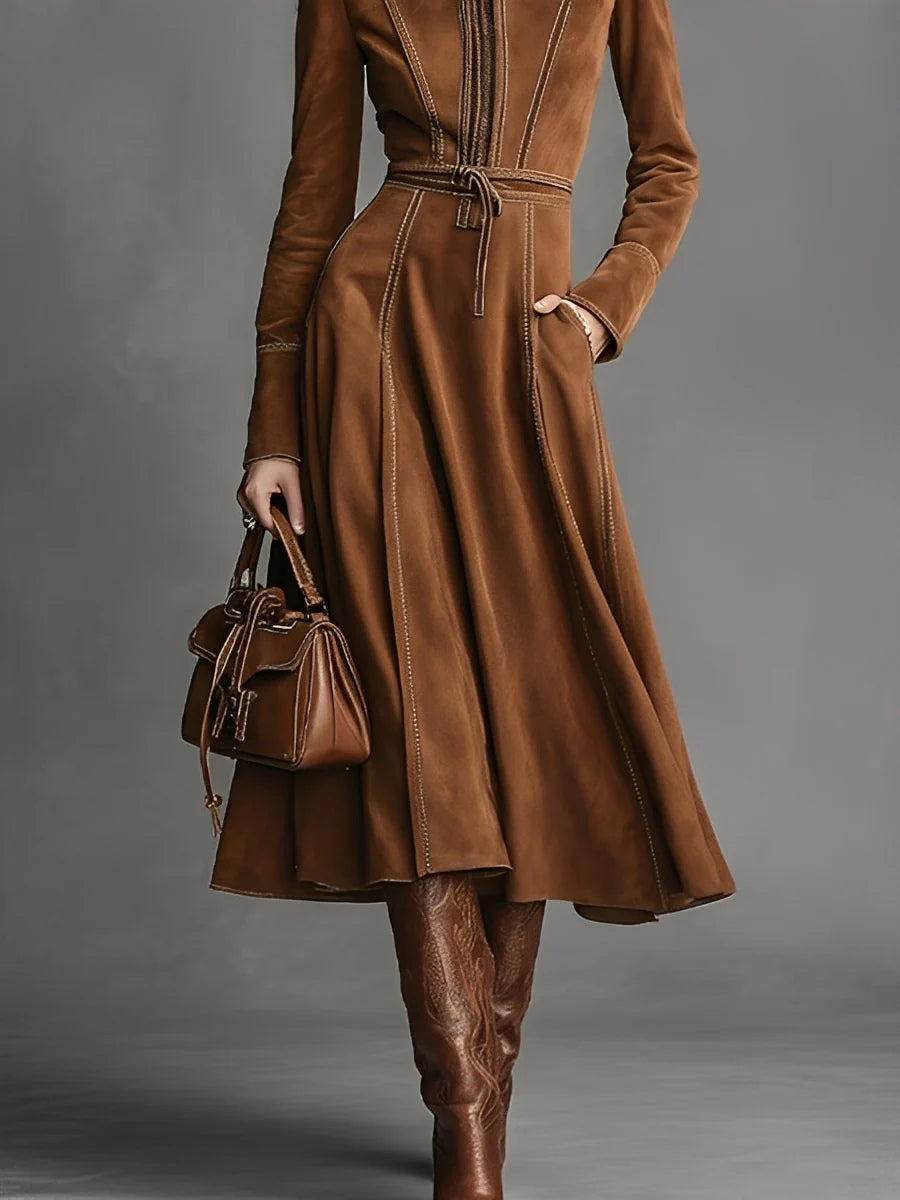 Brown Elegant Faux Suede Maxi Dress with Front Zip and Belt