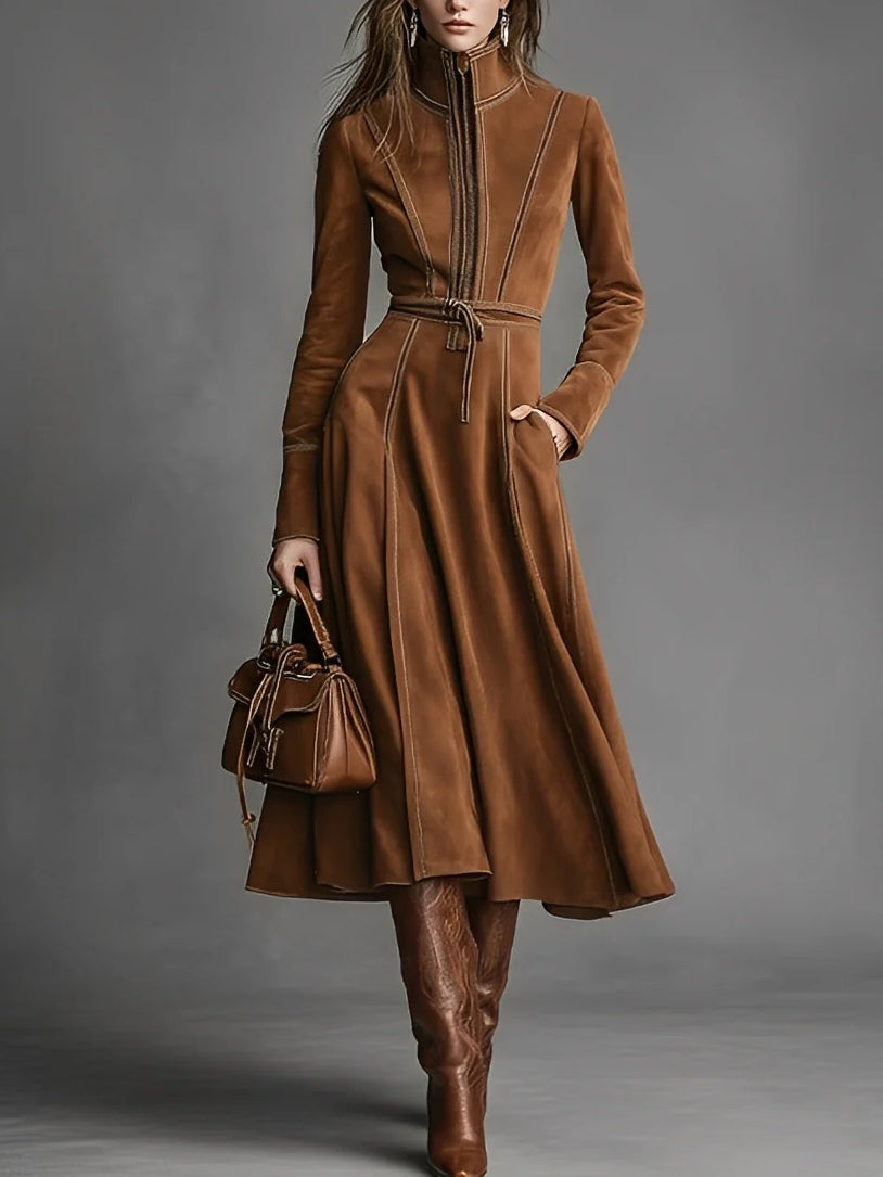 Brown Elegant Faux Suede Maxi Dress with Front Zip and Belt