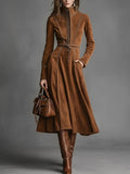 Brown Elegant Faux Suede Maxi Dress with Front Zip and Belt