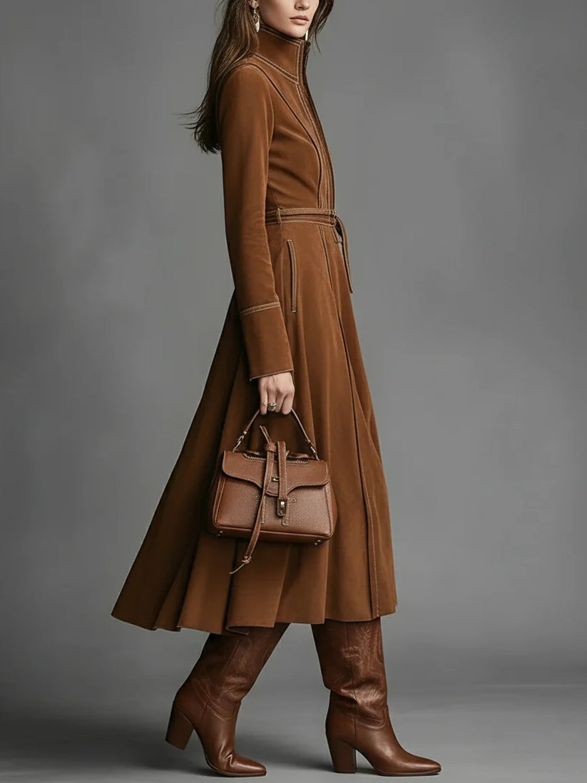 Brown Elegant Faux Suede Maxi Dress with Front Zip and Belt