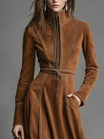 Brown Elegant Faux Suede Maxi Dress with Front Zip and Belt