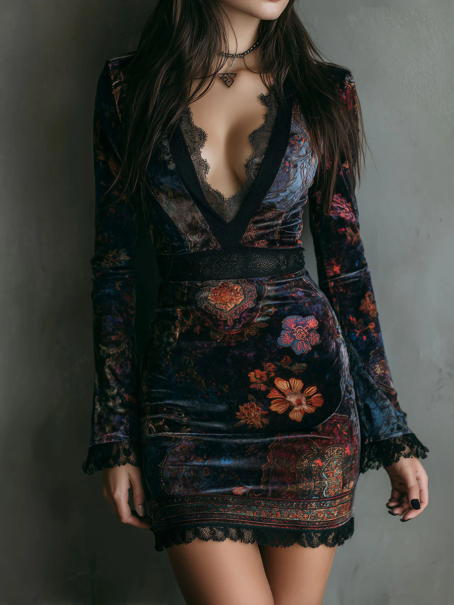 Vestito corto in velluto con scollo a V, stampa floreale e bordo in pizzo