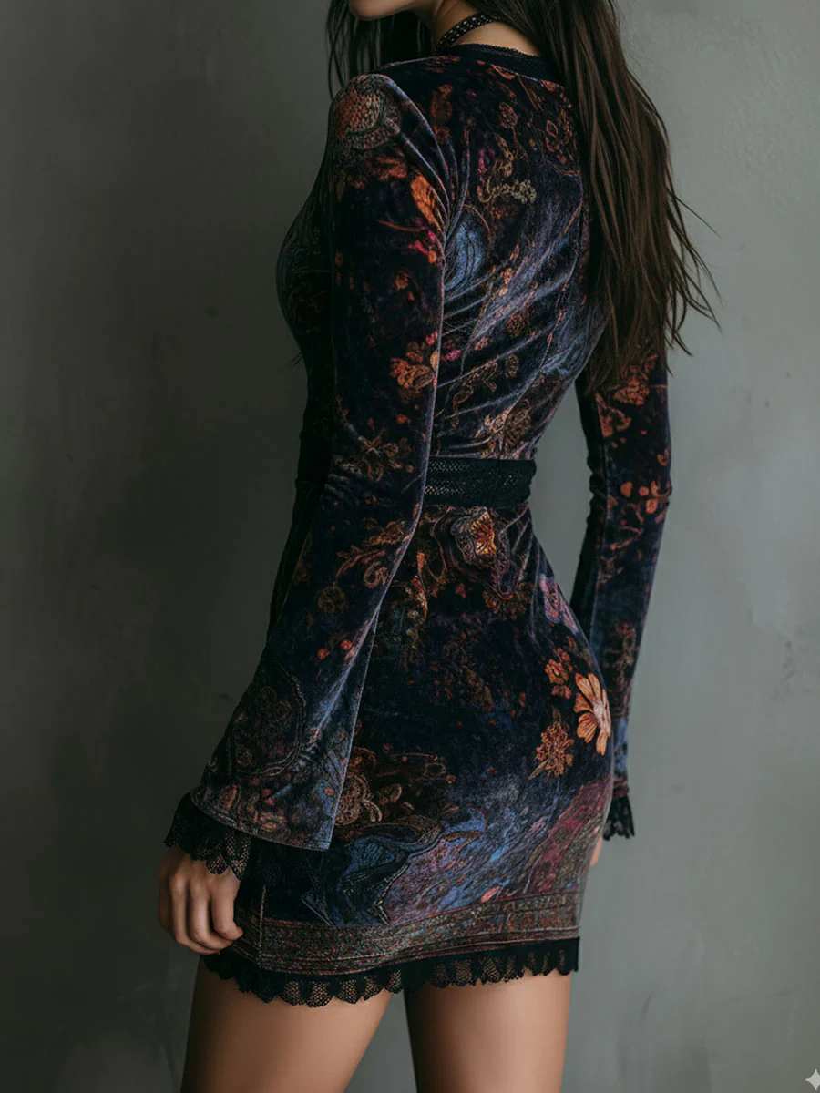 Vestito corto in velluto con scollo a V, stampa floreale e bordo in pizzo