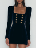 Elegant Navy Velvet Mini Dress with Gold Buttons