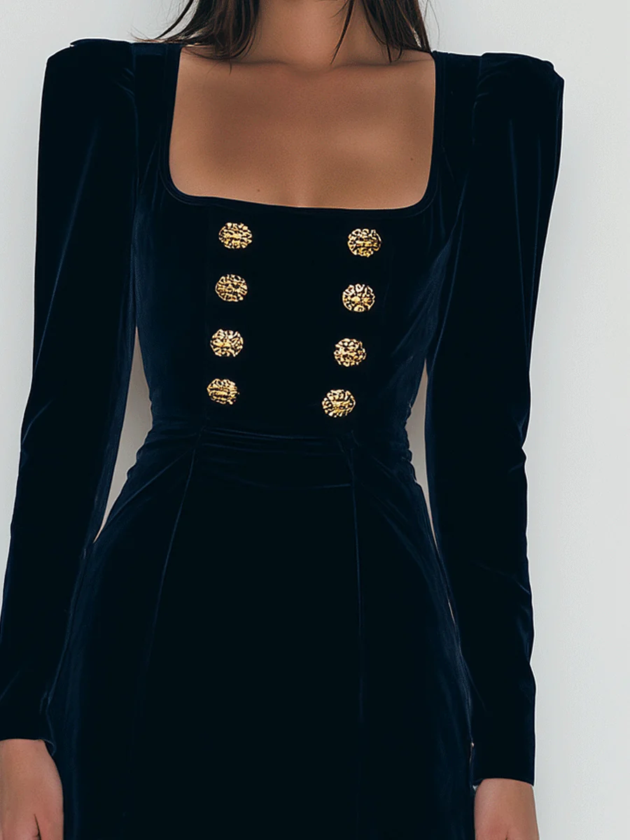 Elegant Navy Velvet Mini Dress with Gold Buttons