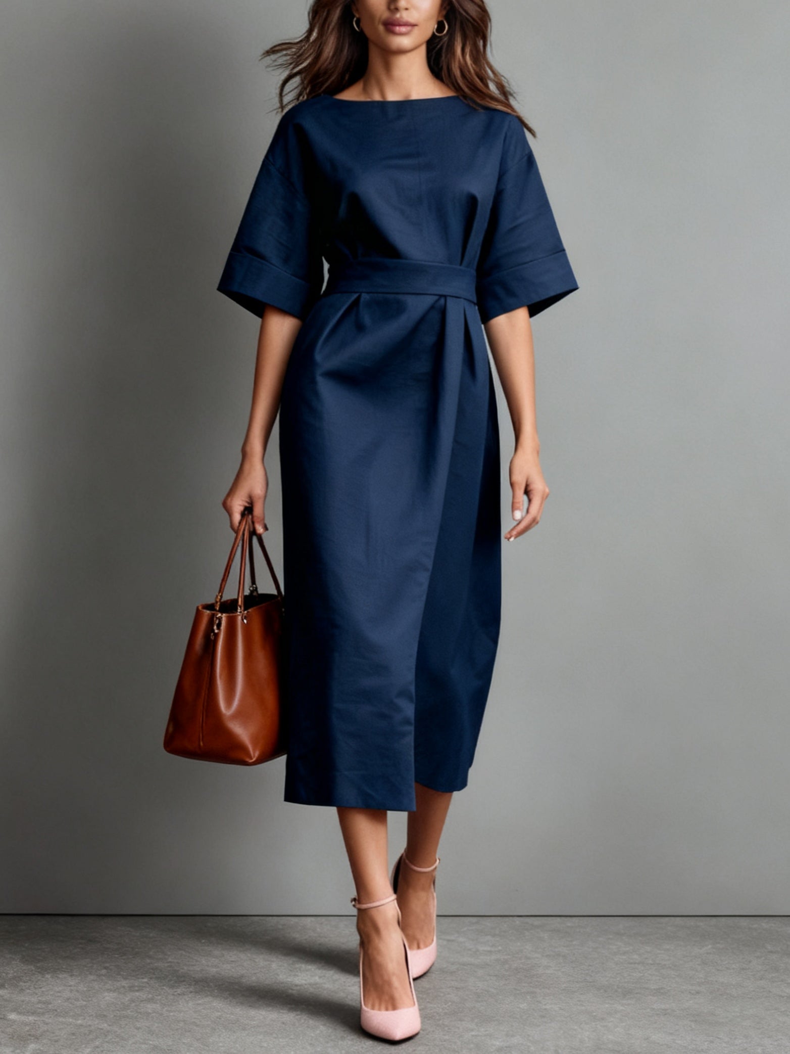 Linen Boat-Neck Tie Loose Dress