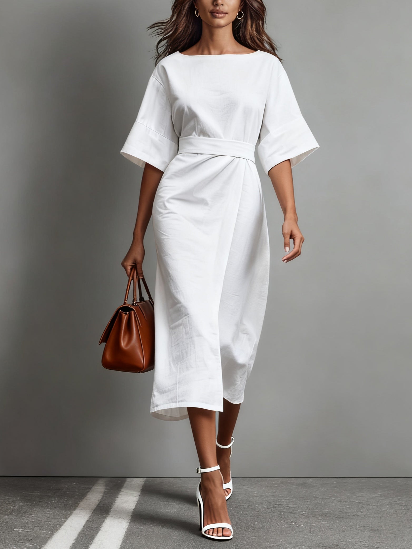 Linen Boat-Neck Tie Loose Dress