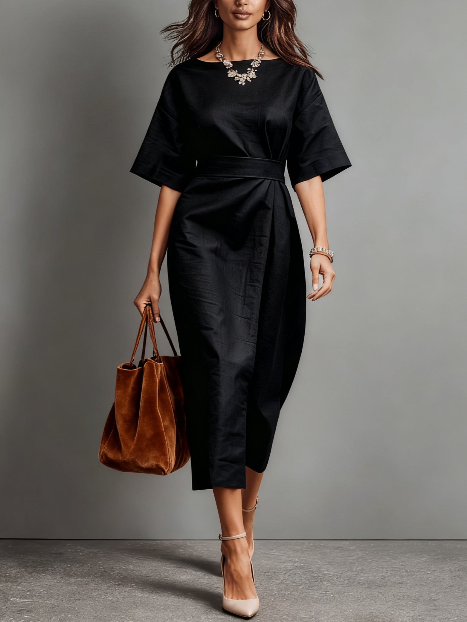 Linen Boat-Neck Tie Loose Dress