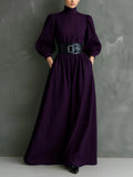 Elegant Dark Purple Turtleneck Long-Sleeved Fitted Maxi Dress with Belt