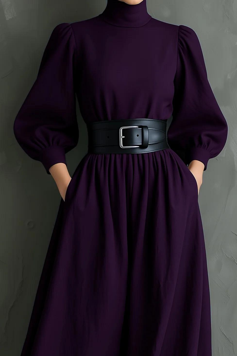Elegant Dark Purple Turtleneck Long-Sleeved Fitted Maxi Dress with Belt