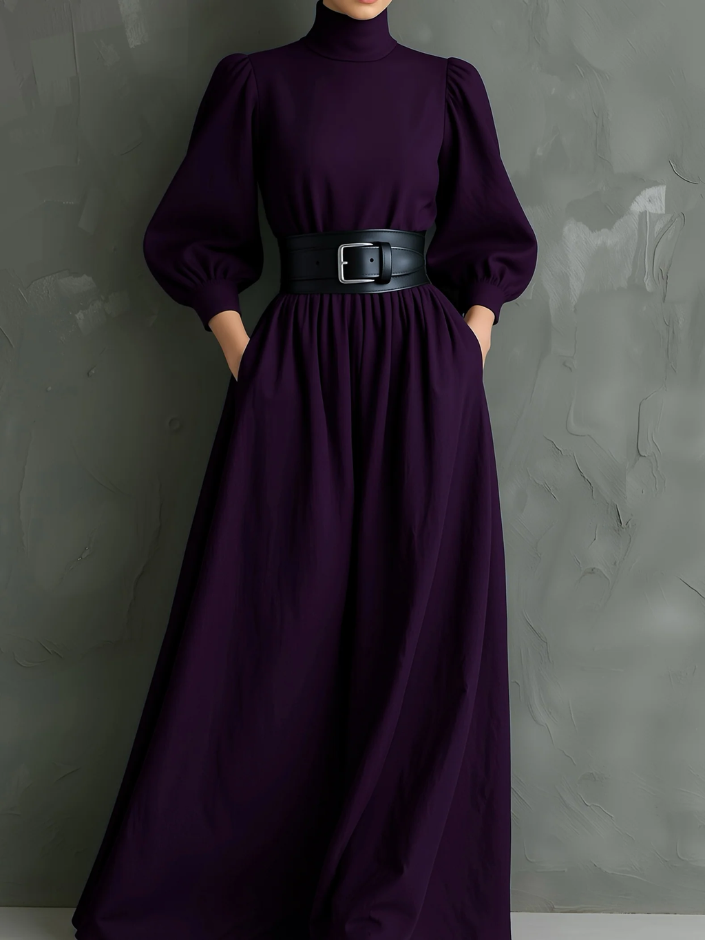 Elegant Dark Purple Turtleneck Long-Sleeved Fitted Maxi Dress with Belt