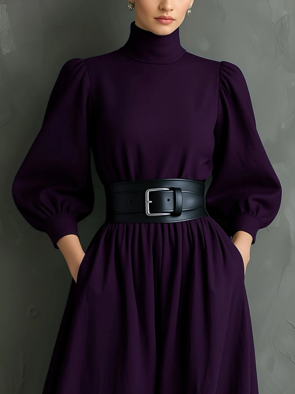 Elegant Dark Purple Turtleneck Long-Sleeved Fitted Maxi Dress with Belt