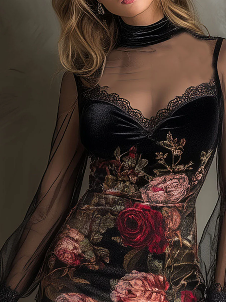 Abito corto in tulle con stampa rosa velluto e rifiniture in pizzo