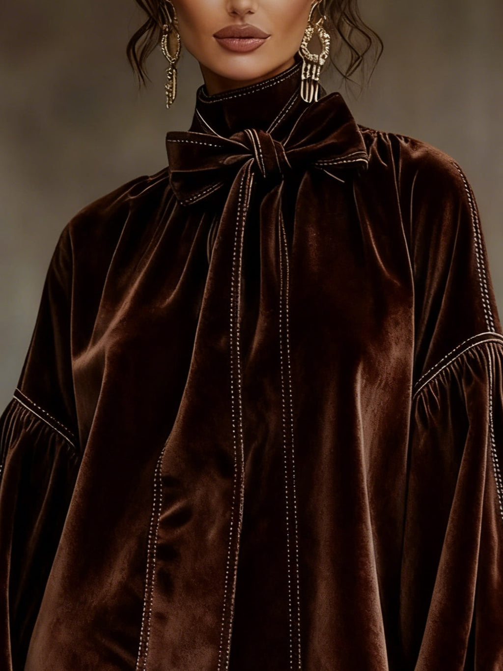 Dark Brown Velvet Bow Lantern-Sleeve Mini Dress