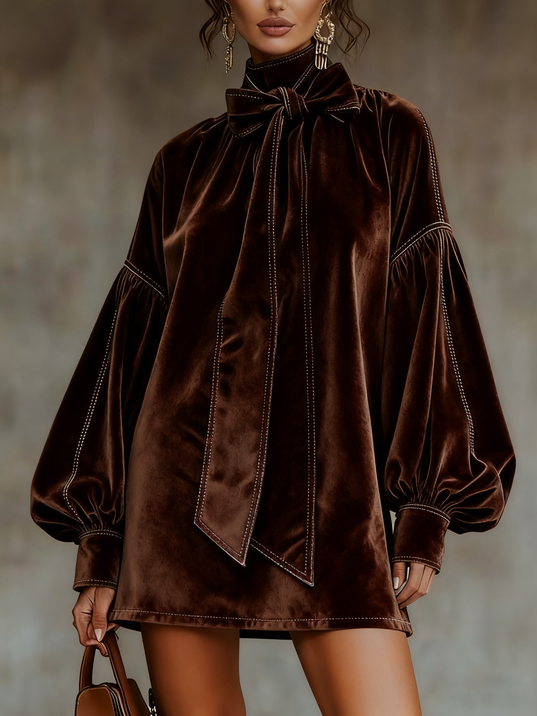 Dark Brown Velvet Bow Lantern-Sleeve Mini Dress