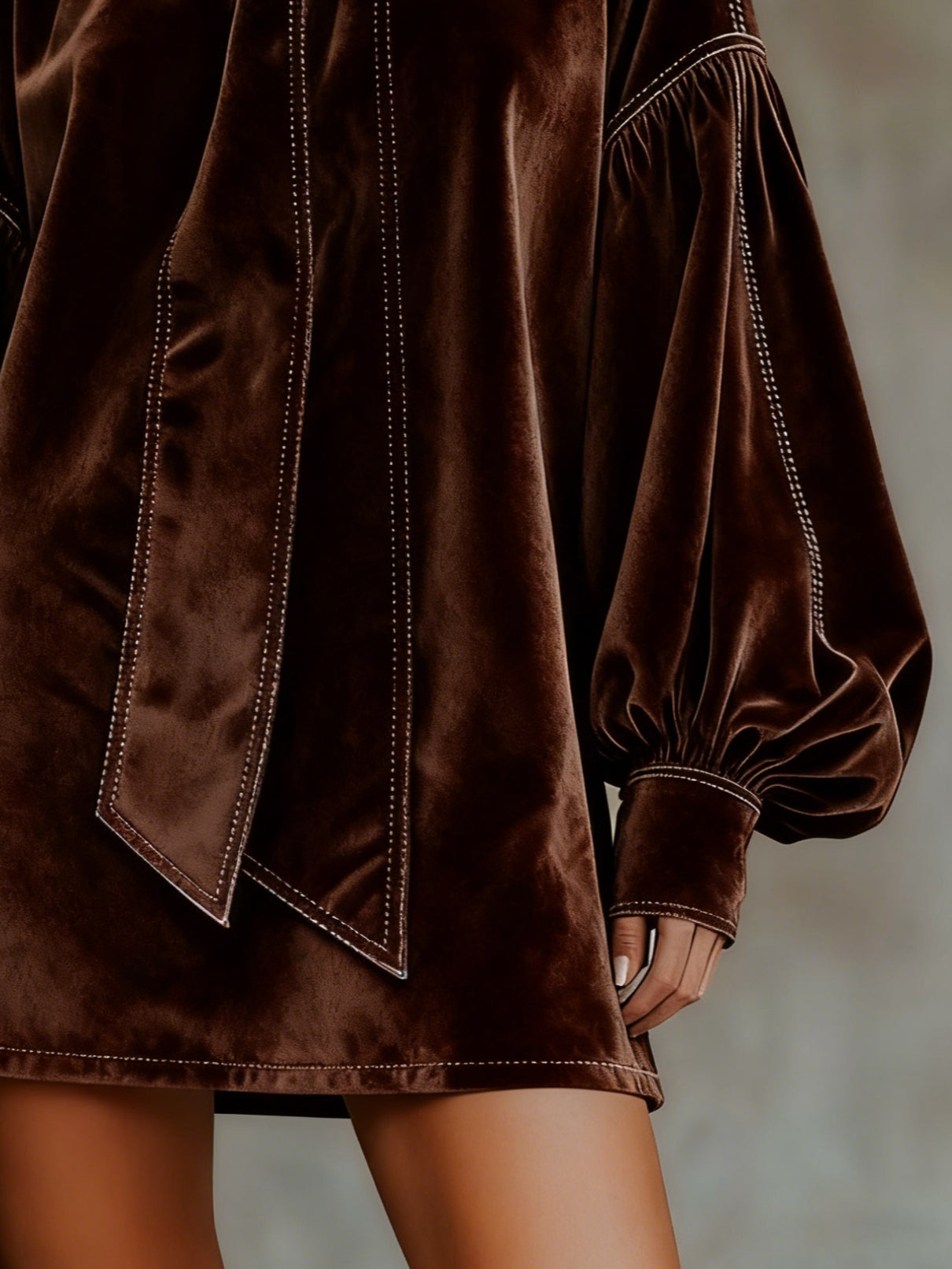 Dark Brown Velvet Bow Lantern-Sleeve Mini Dress