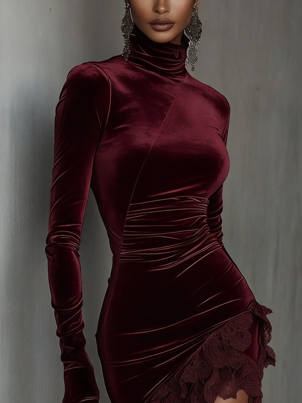 Burgundy Velvet Turtleneck Lace-Hem Fitted Mini Dress