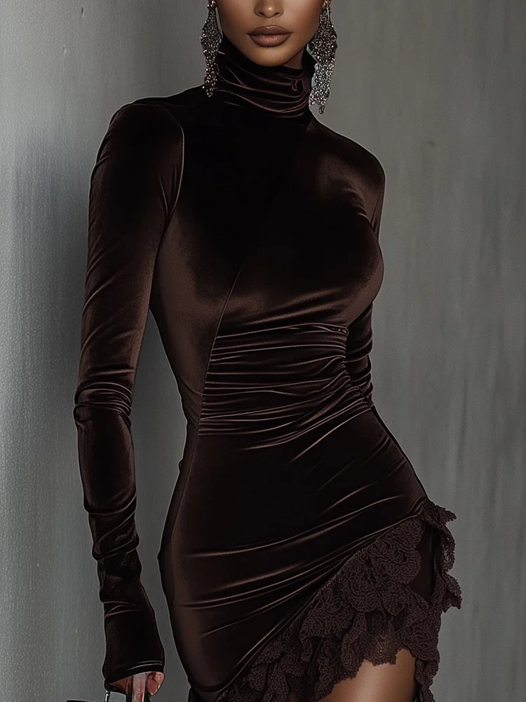 Chocolate Velvet Turtleneck Lace-Hem Fitted Mini Dress