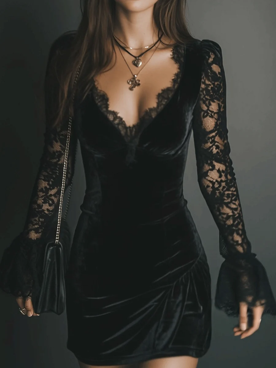 Black Velvet Lace Flared-Sleeve Mini Dress