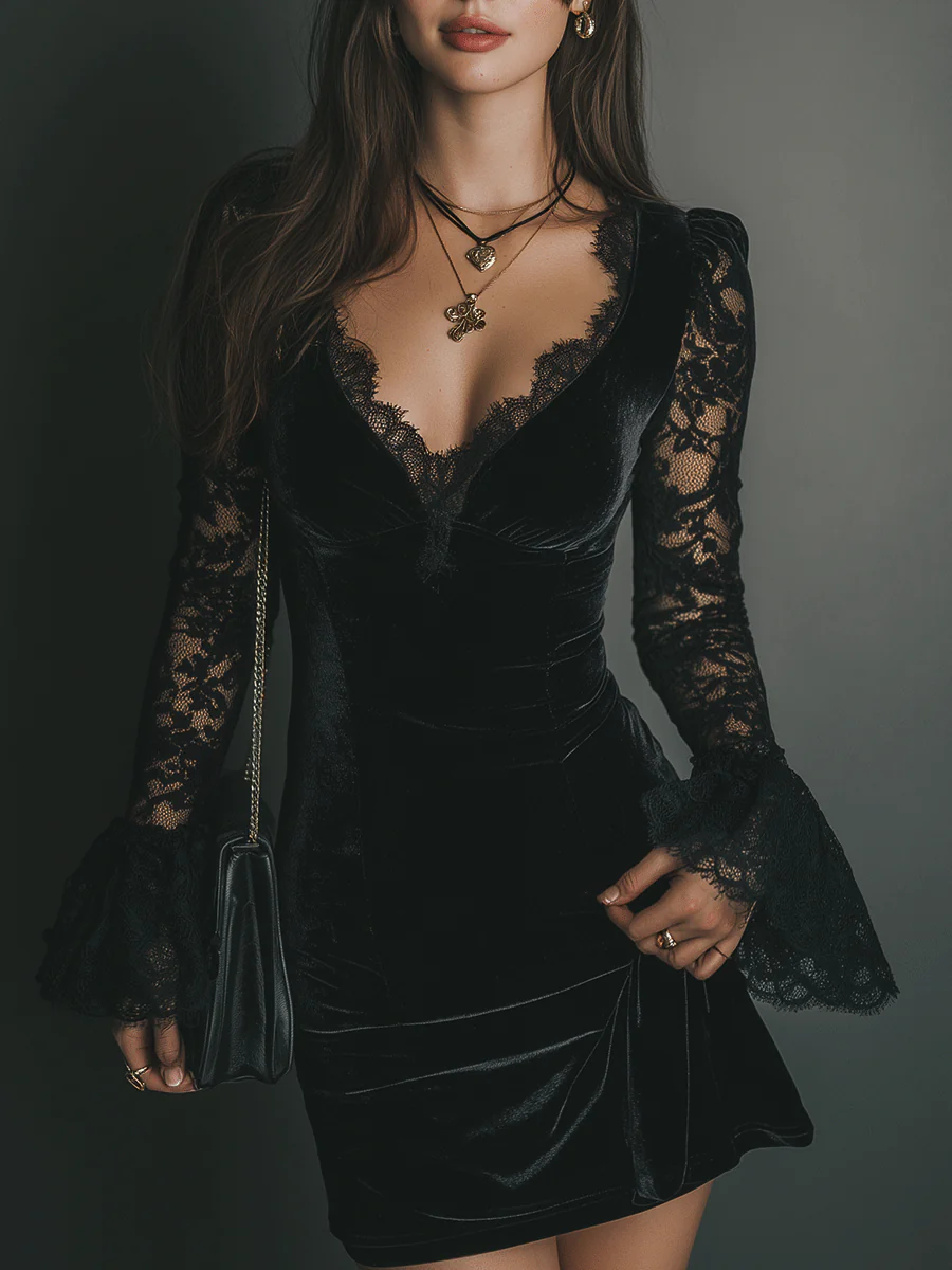 Black Velvet Lace Flared-Sleeve Mini Dress