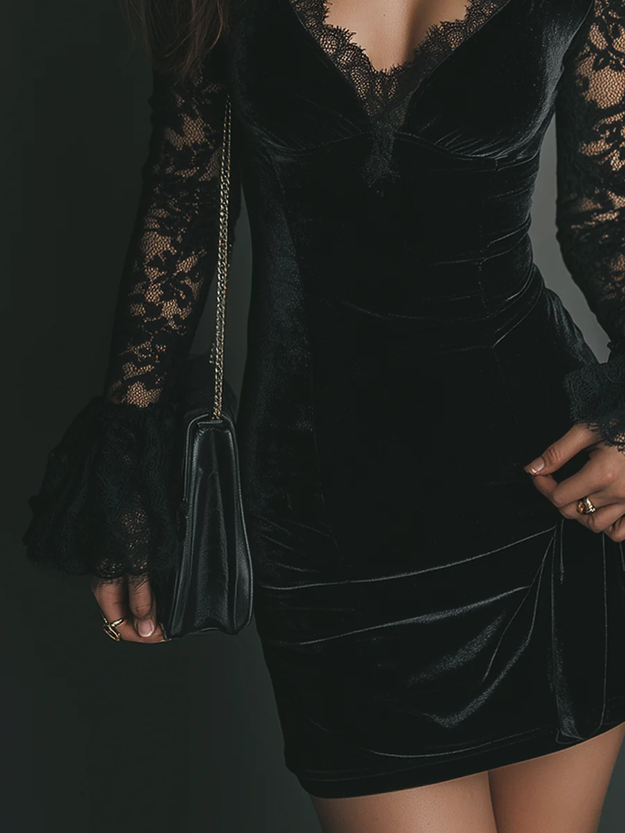 Black Velvet Lace Flared-Sleeve Mini Dress