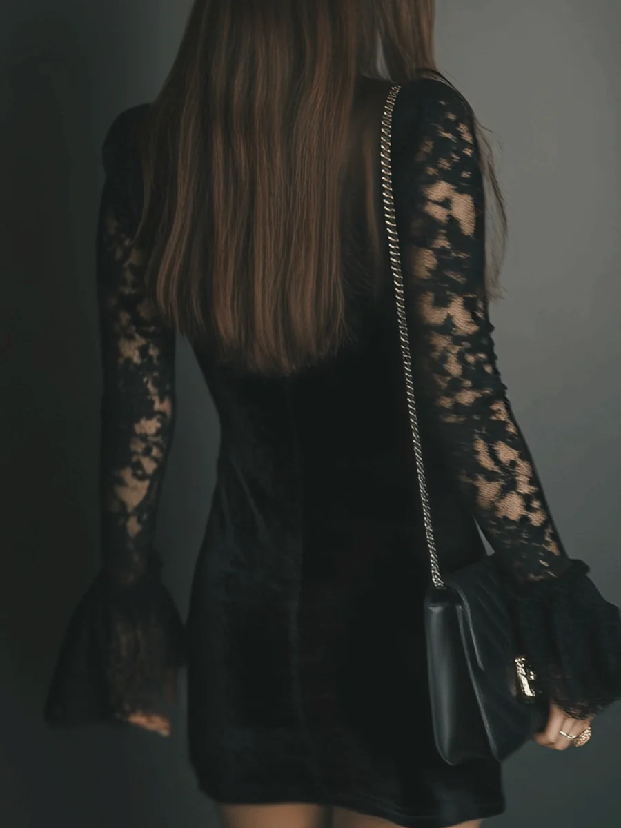 Black Velvet Lace Flared-Sleeve Mini Dress