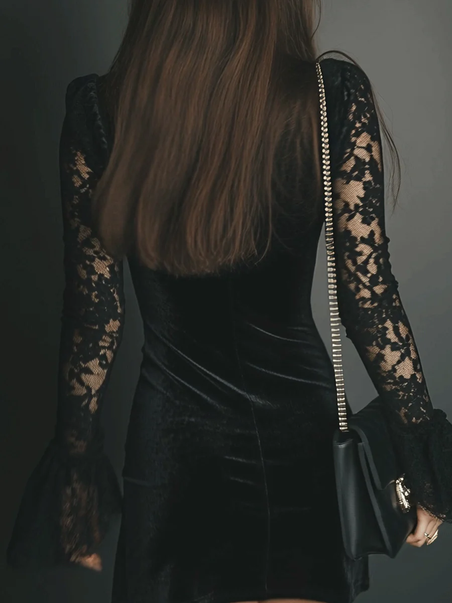 Black Velvet Lace Flared-Sleeve Mini Dress