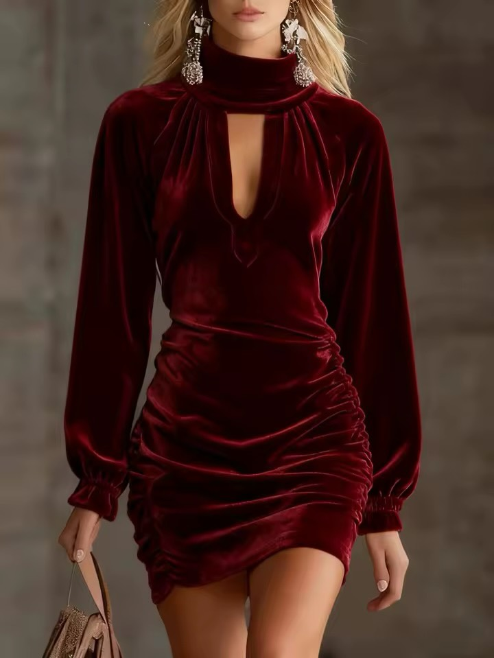 Velvet High-Neck Cutout Ruched Mini Dress