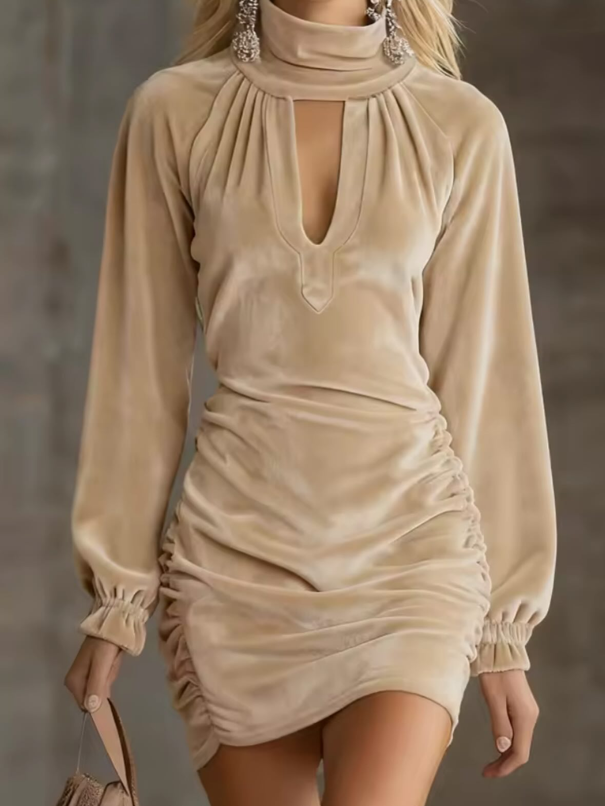 Velvet High-Neck Cutout Ruched Mini Dress