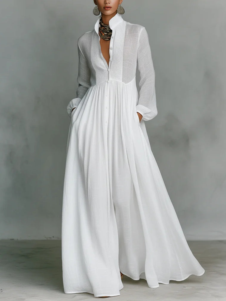 Minimalist Patchwork Single-Breasted Stand-Up Collar Long-Sleeved Dress