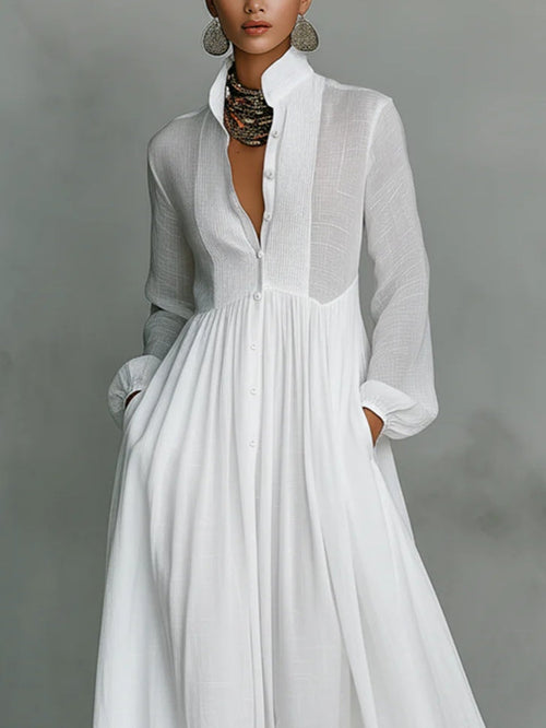 Minimalist Patchwork Single-Breasted Stand-Up Collar Long-Sleeved Dress
