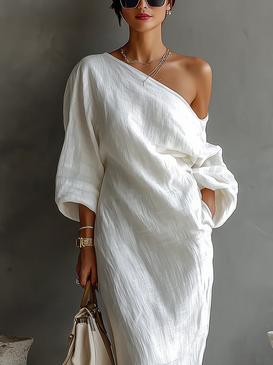 White One-Shoulder Flowing Elegant Maxi Dress (No Pockets)