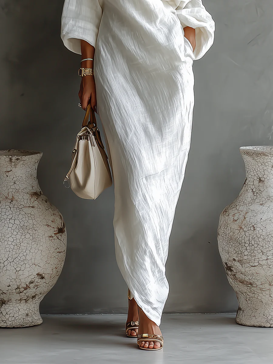 White One-Shoulder Flowing Elegant Maxi Dress (No Pockets)