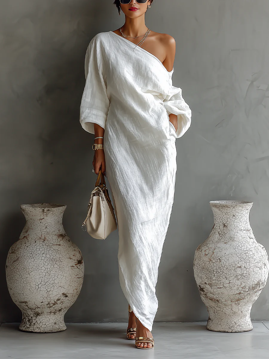 White One-Shoulder Flowing Elegant Maxi Dress (No Pockets)